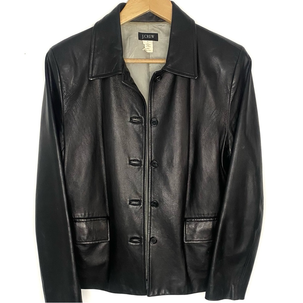 Vintage J.Crew Women’s Black Button Front Genuine Leather Jacket Made In USA M - Picture 2 of 9
